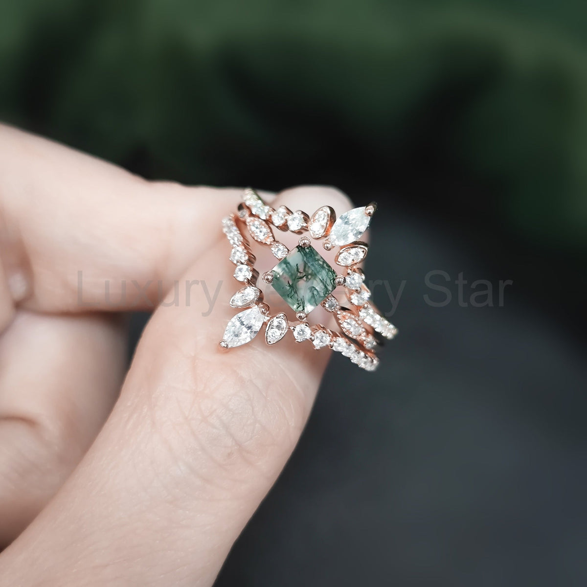 Princess Cut Moss Agate Vintage Engagement Ring - image 4