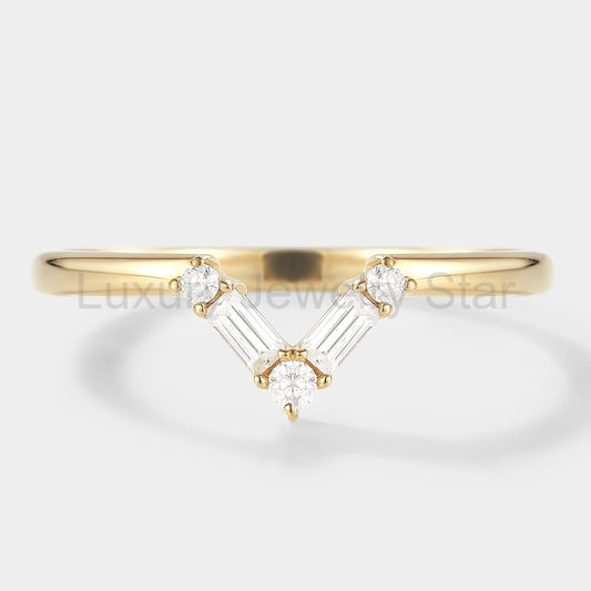 Rectangle & Round Moissanite Chevron Stackable Wedding Band