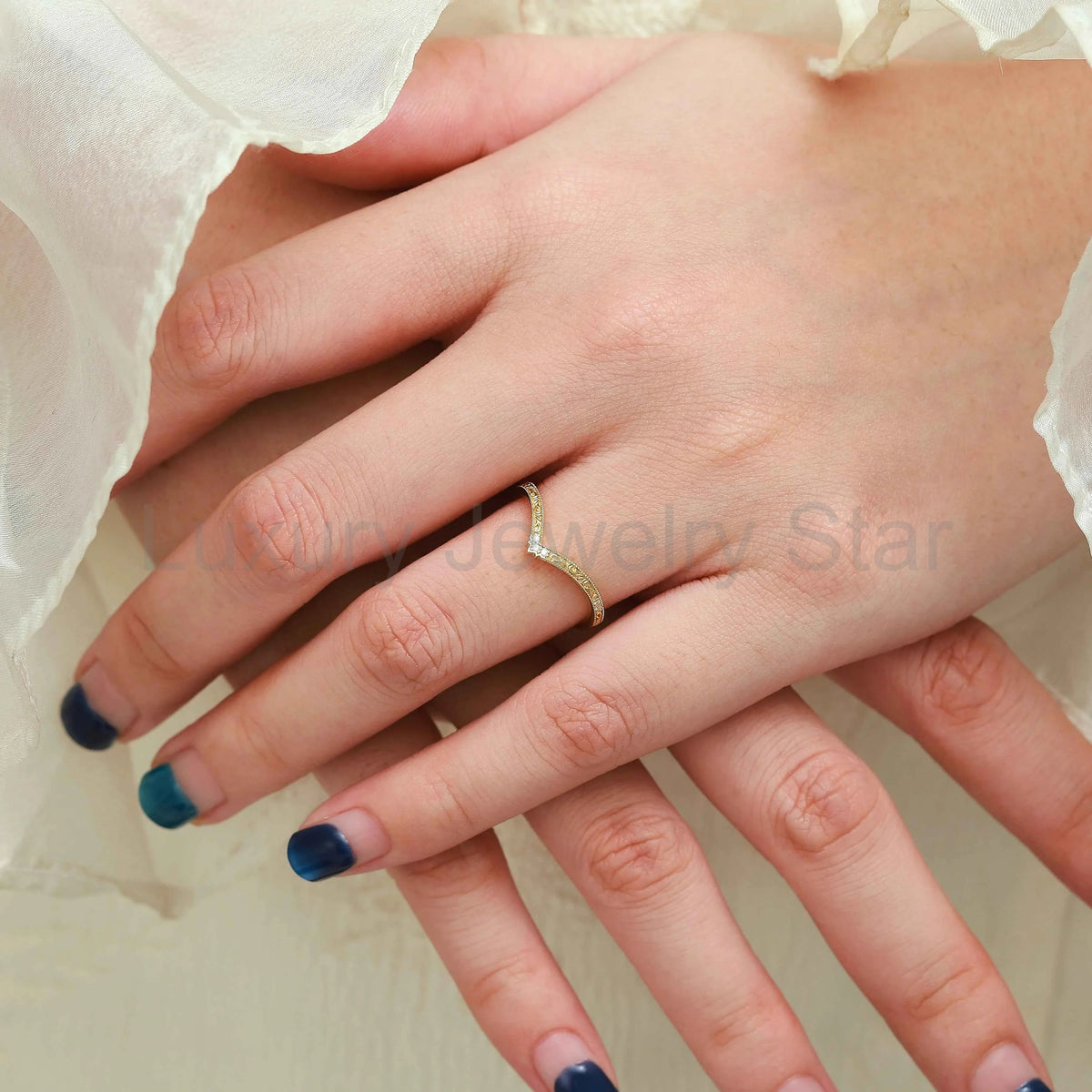 Romantic Nature Inspired Moissanite V Wedding Band - image 5