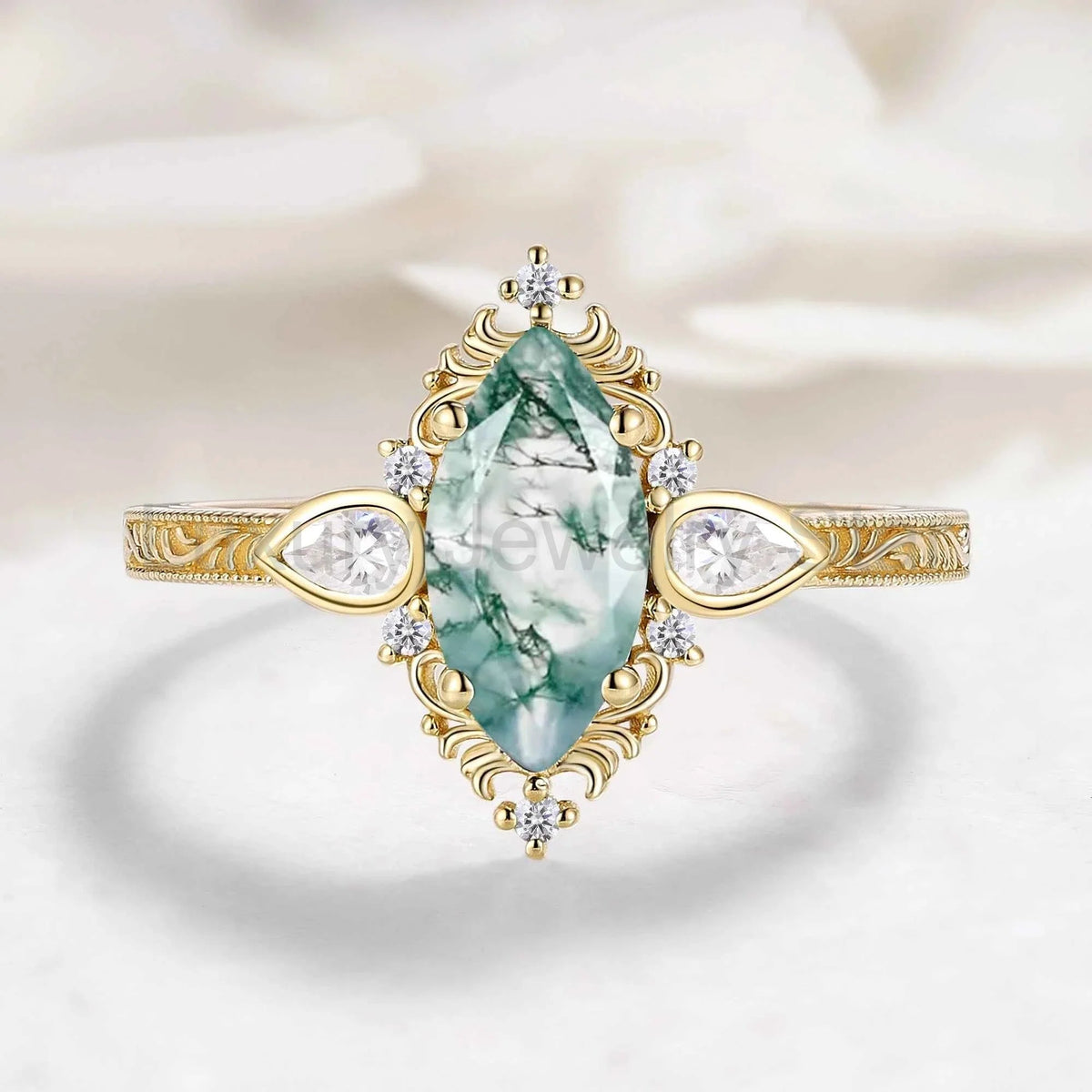 Romantic Nature-Inspired Marquise Moss Agate Engagement Ring