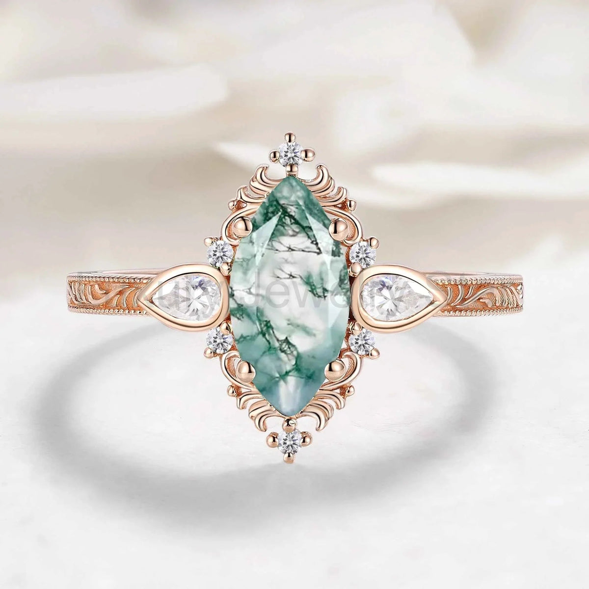Romantic Nature-Inspired Marquise Moss Agate Engagement Ring - image 2