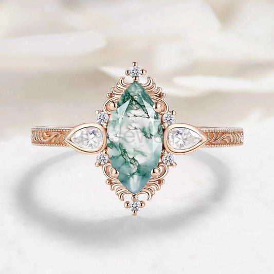 Romantic Nature-Inspired Marquise Moss Agate Engagement Ring - image 2