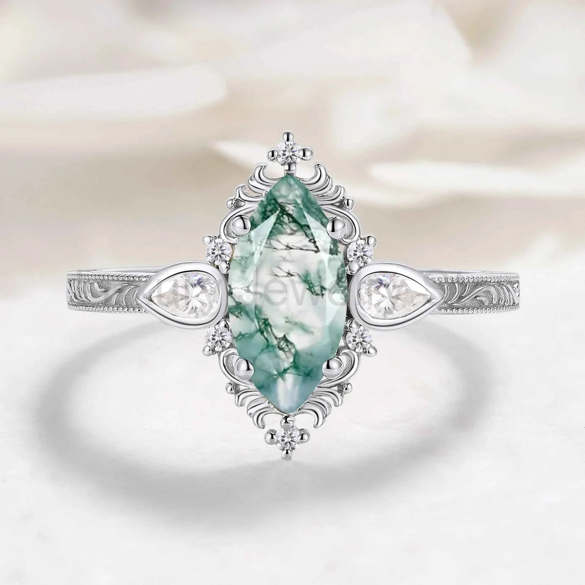 Romantic Nature-Inspired Marquise Moss Agate Engagement Ring - image 3
