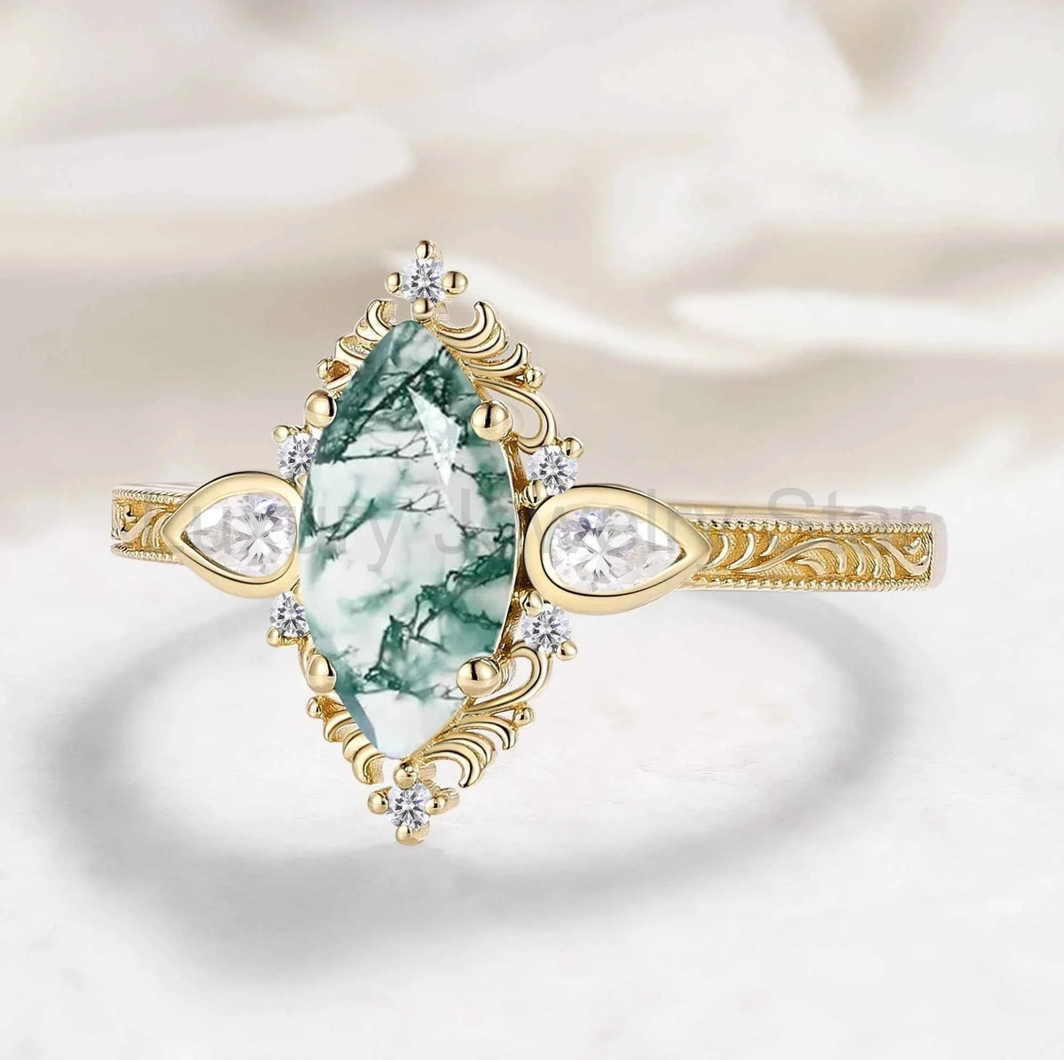 Romantic Nature-Inspired Marquise Moss Agate Engagement Ring - image 4