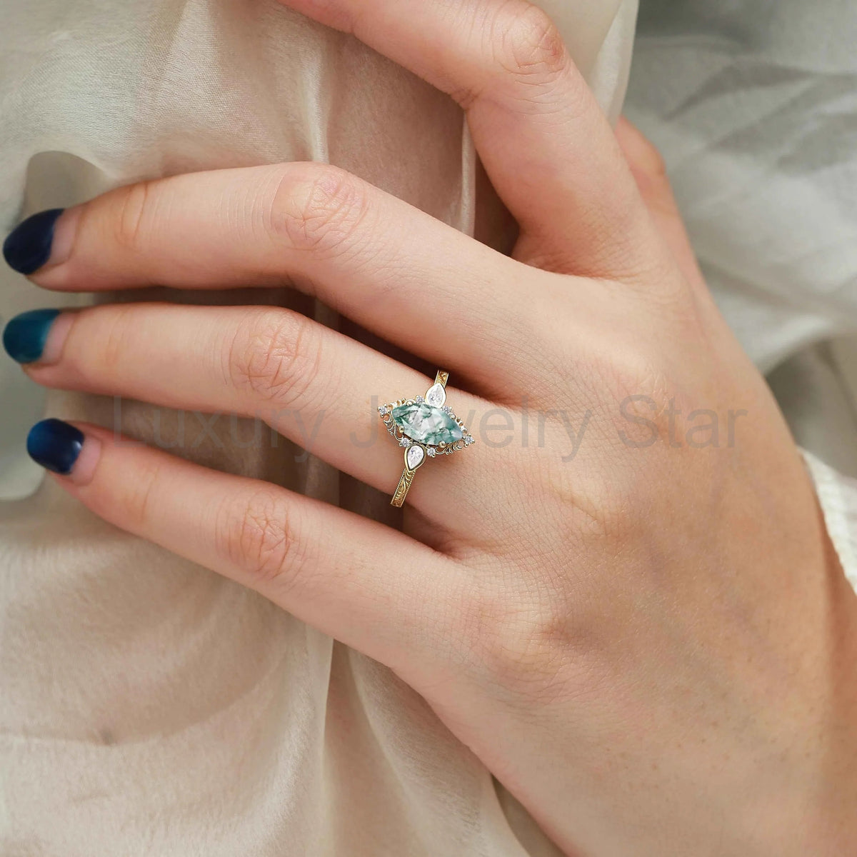 Romantic Nature-Inspired Marquise Moss Agate Engagement Ring - image 6