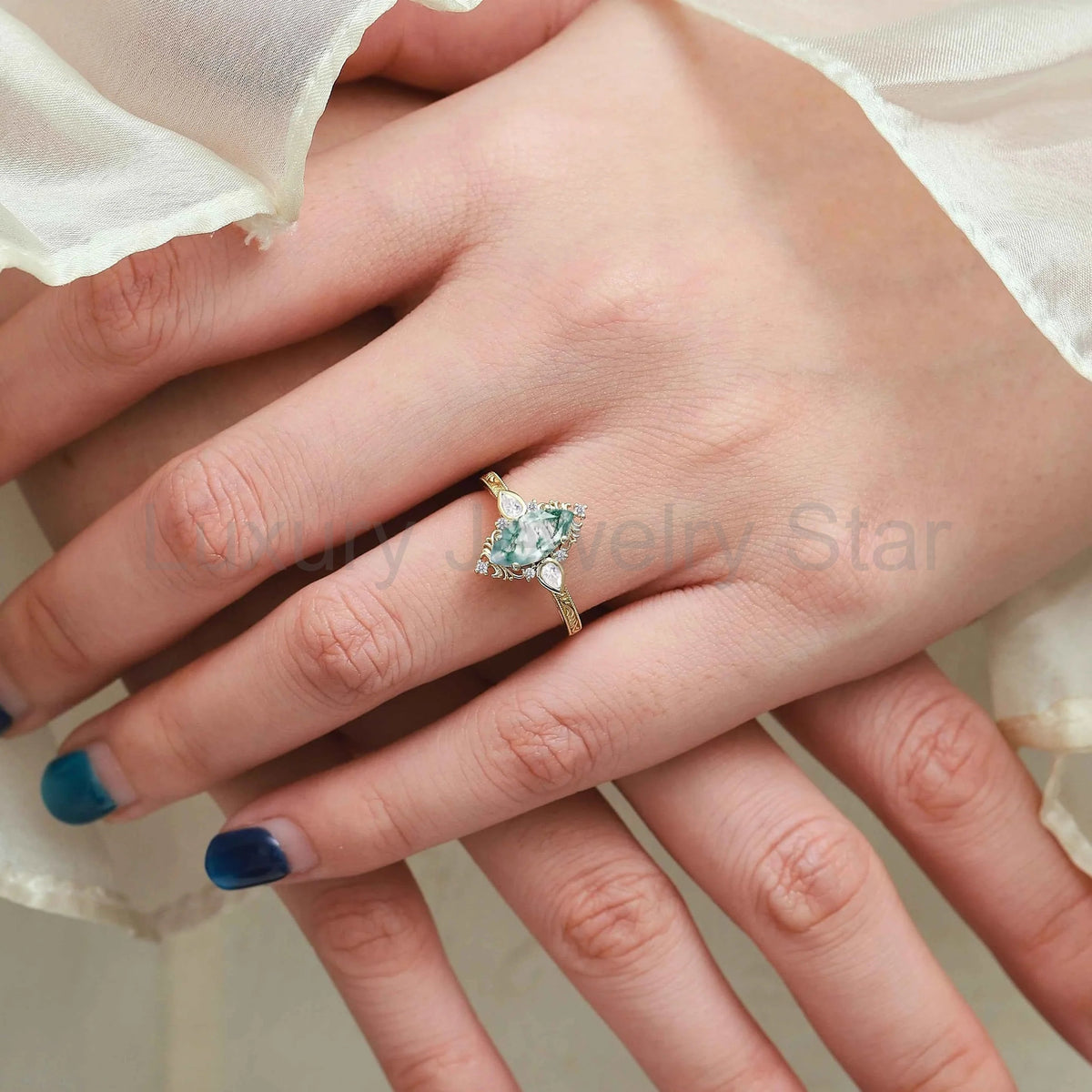 Romantic Nature-Inspired Marquise Moss Agate Engagement Ring - image 7