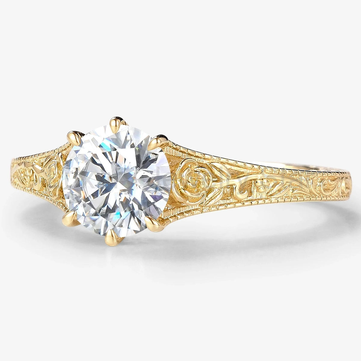 Round Cut Moissanite Vintage Engagement Ring With Rose - image 2