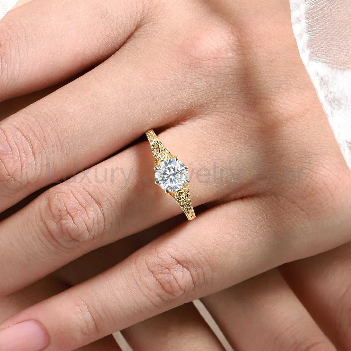Round Cut Moissanite Vintage Engagement Ring With Rose - image 4