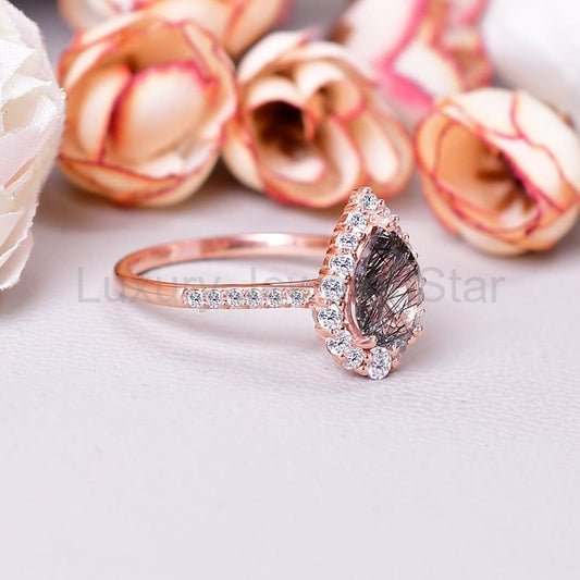 Pear Shape Black Rutilated Quartz Cluster Engagement Ring - image 2