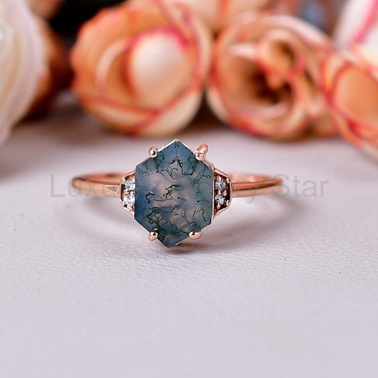 Stunning Hexagon Cut Moss Agate Engagement Ring - image 2