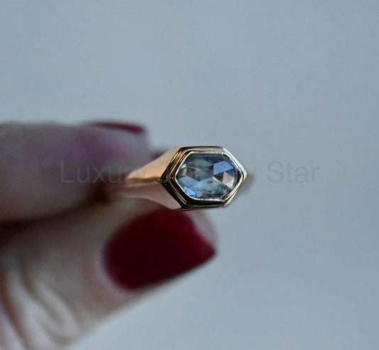14k Gold Hexagon Blue Rose Cut Sapphire Signet Ring - size 7.75