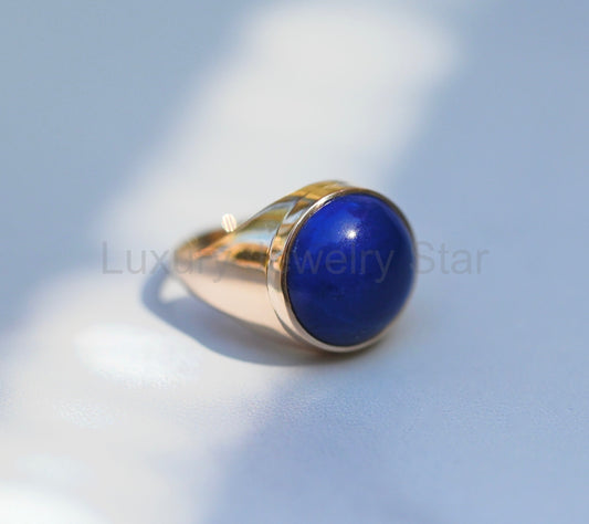 Round Lapis Lazuli 14k Gold Signet Ring - size 7.5