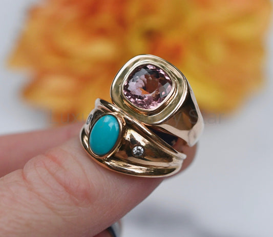 Sleeping Beauty Turquoise & Diamond 14k Gold Ring - size 7.75 - image 2