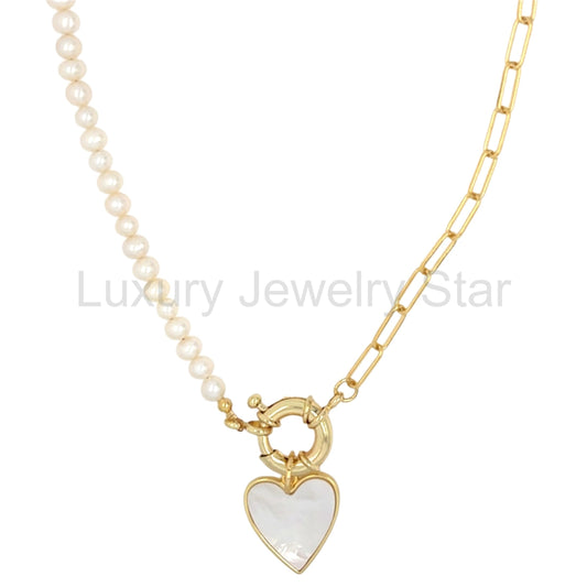 Patricia Pearl and Paper Clip Chain Necklace with Charm