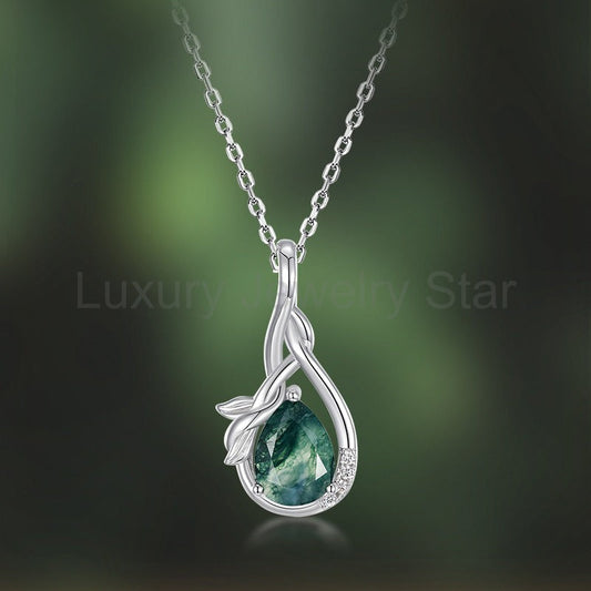 ’Avelyn Moss‘ Pear Natural Moss Agate Unique Women Anniversary Bridal Gift Necklace