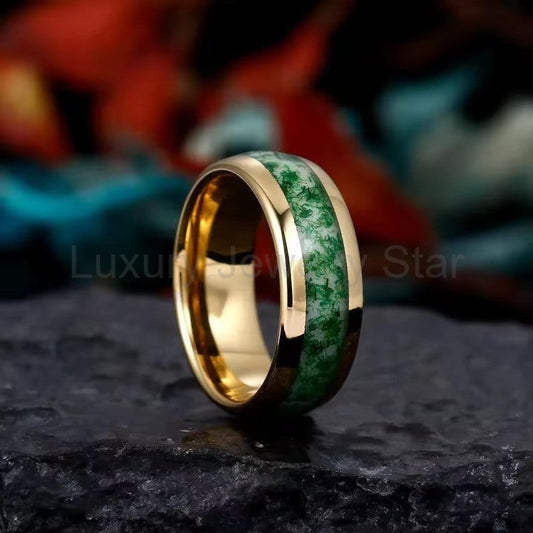 'BiAura' Two-Tone Polished Dome Moss Agate Green Men Band