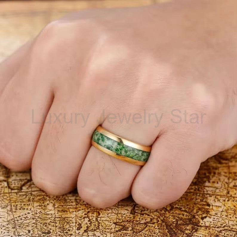 'BiAura' Two-Tone Polished Dome Moss Agate Green Men Band - image 2