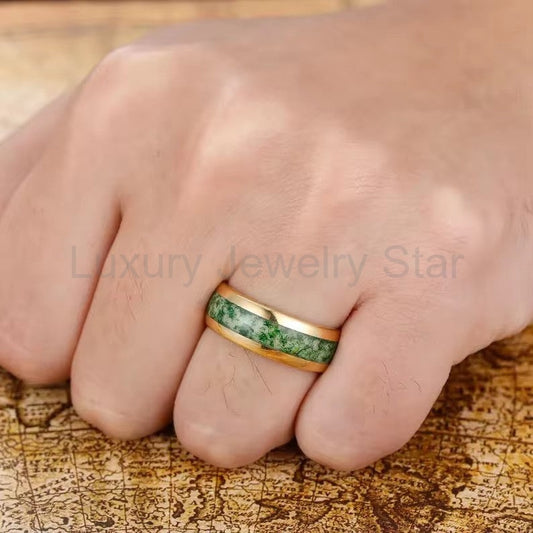 'BiAura' Two-Tone Polished Dome Moss Agate Green Men Band - image 2