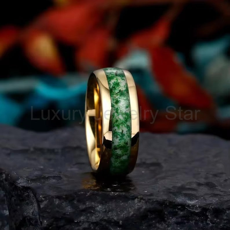 'BiAura' Two-Tone Polished Dome Moss Agate Green Men Band - image 3