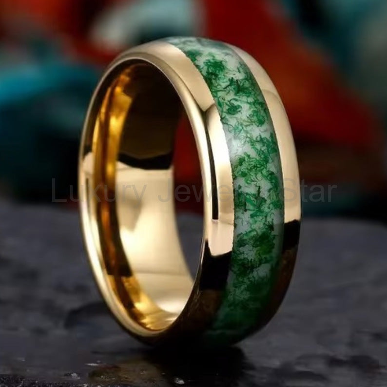 'BiAura' Two-Tone Polished Dome Moss Agate Green Men Band - image 6