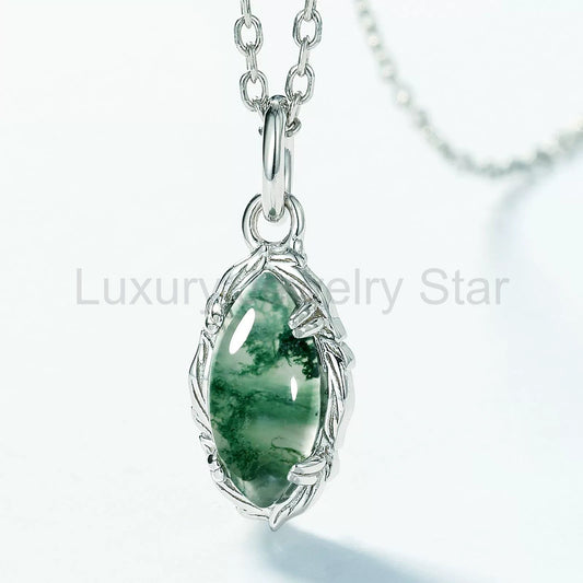 'Everolive' Green Moss Agate Olive Branch Nature Pendant Necklace