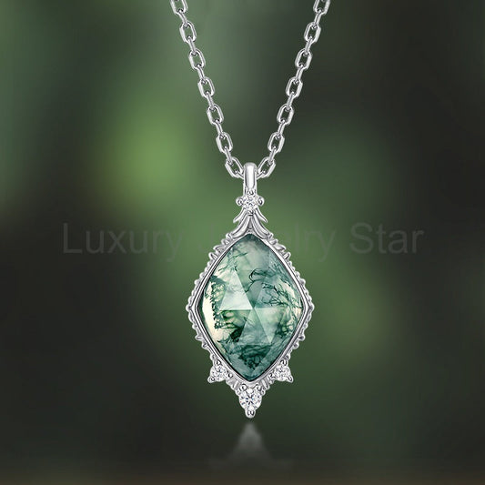 ‘Moss Facet’ Unique Cut Non-Traditional Moss Agate Pendant for Women