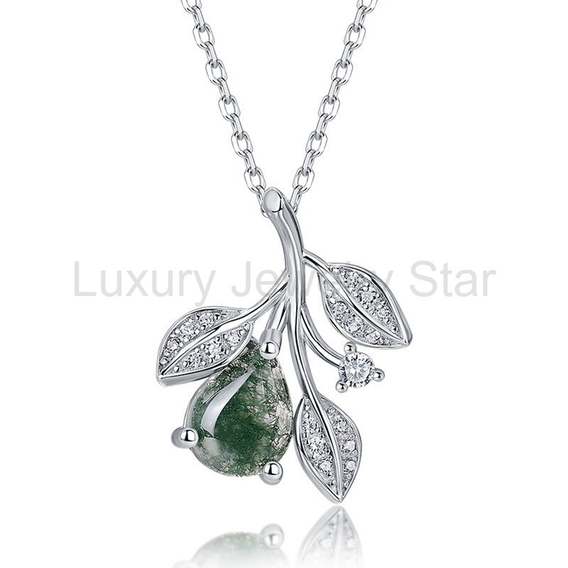 'Moss Whisper' Nature Inspired Pear Cut Leafy Moss Agate Necklace