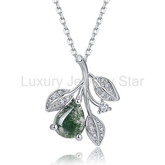 'Moss Whisper' Nature Inspired Pear Cut Leafy Moss Agate Necklace