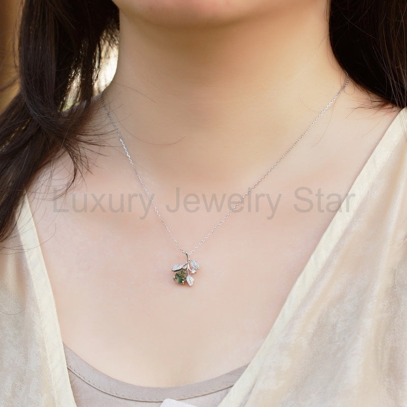 'Moss Whisper' Nature Inspired Pear Cut Leafy Moss Agate Necklace - image 2