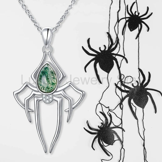 'Nocturne Spider' Gothic Moss Agate Rhinestone Spider Necklace for Women