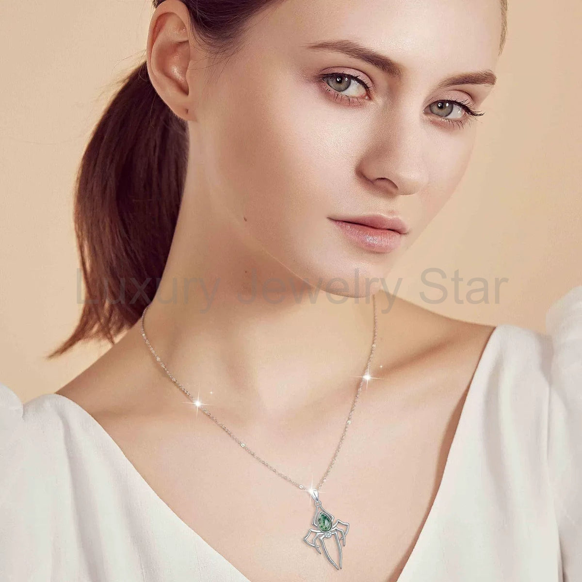 'Nocturne Spider' Gothic Moss Agate Rhinestone Spider Necklace for Women - image 3