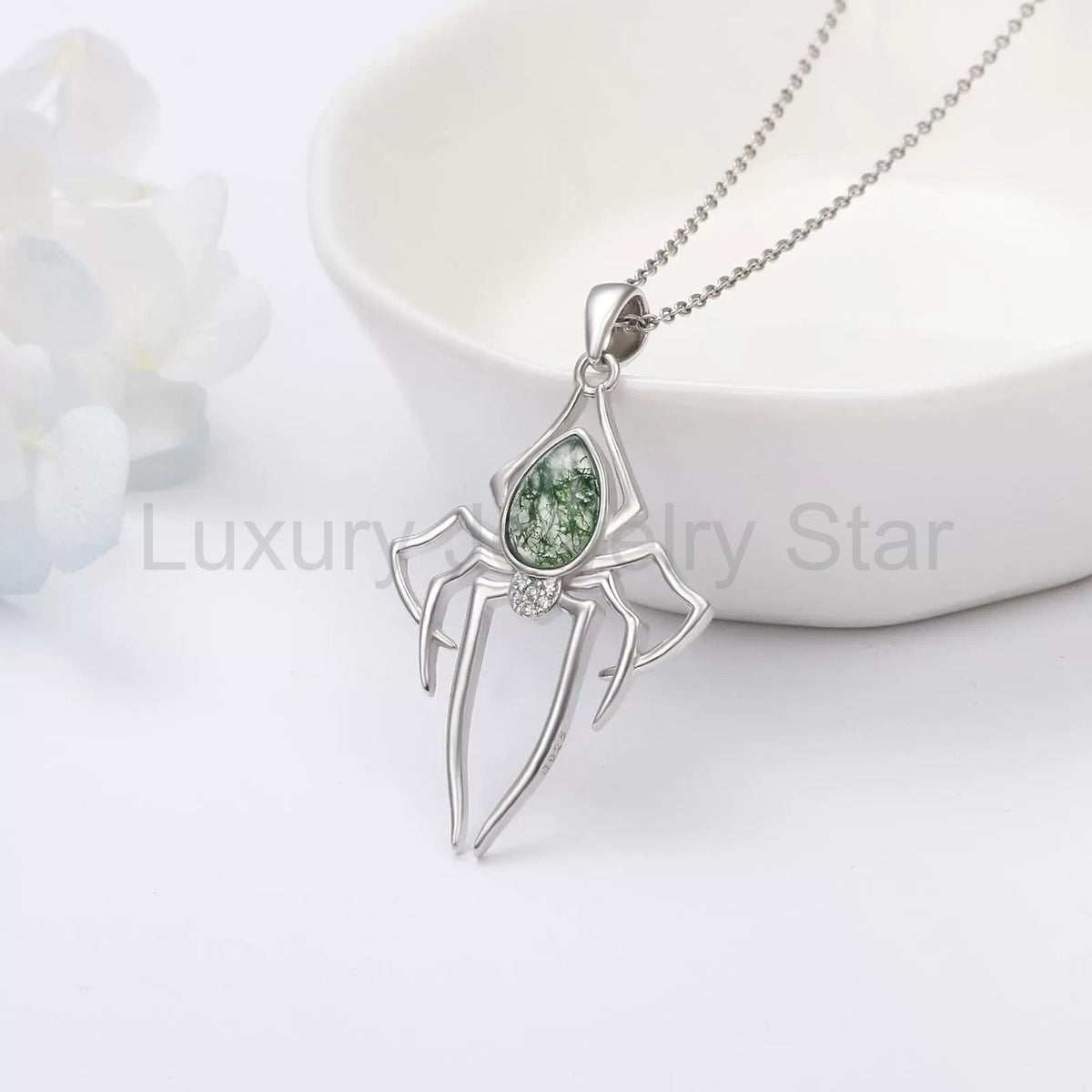 'Nocturne Spider' Gothic Moss Agate Rhinestone Spider Necklace for Women - image 4