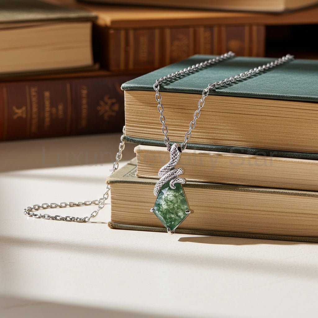 'Noir Serpent' Pear Cut Moss Agate Mystical Serpent Carved Nature Inspired Necklace - image 10