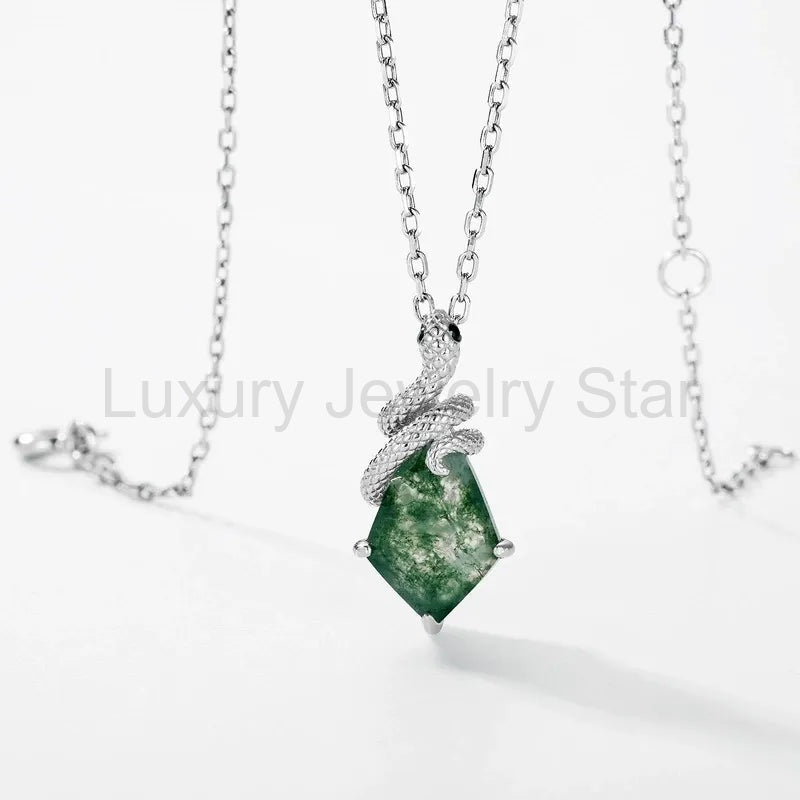 'Noir Serpent' Pear Cut Moss Agate Mystical Serpent Carved Nature Inspired Necklace - image 11