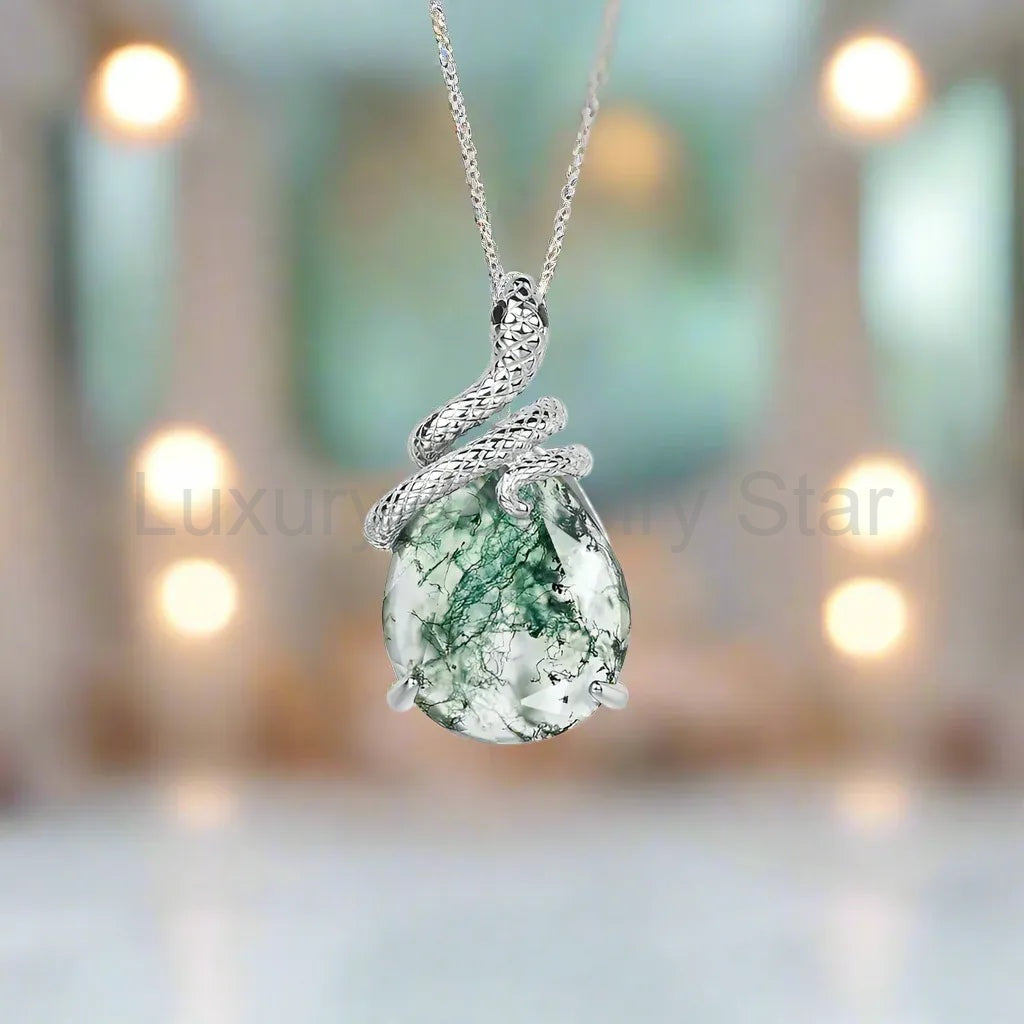 'Noir Serpent' Pear Cut Moss Agate Mystical Serpent Carved Nature Inspired Necklace - image 3