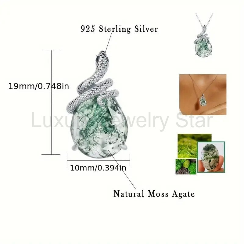 'Noir Serpent' Pear Cut Moss Agate Mystical Serpent Carved Nature Inspired Necklace - image 7
