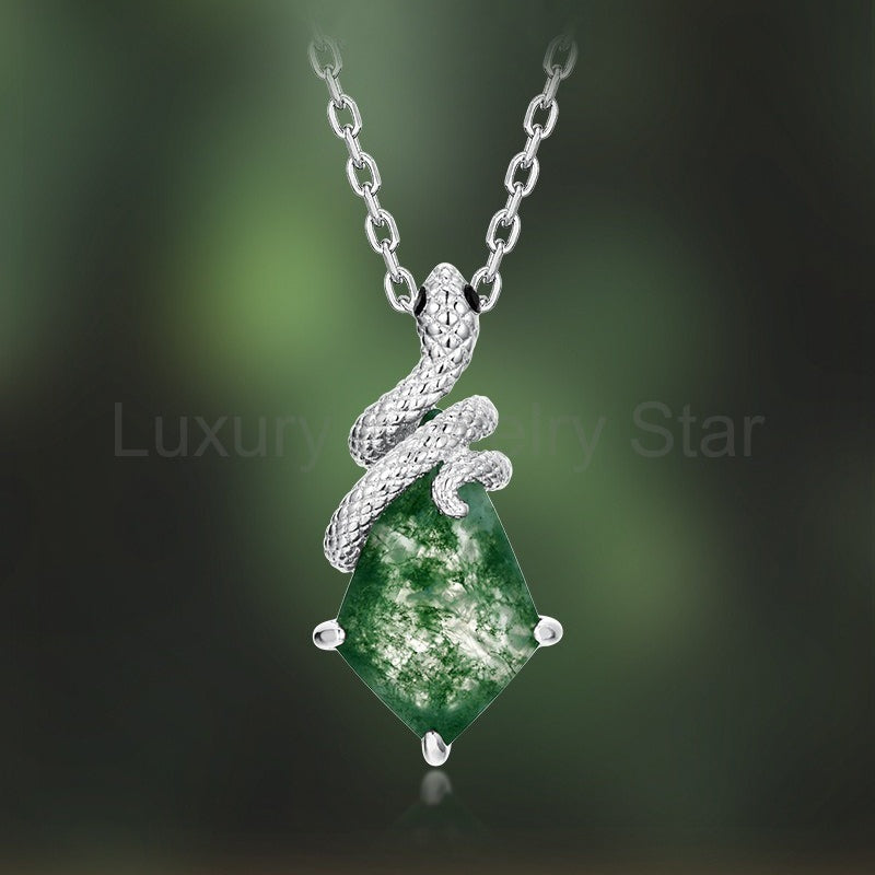 'Noir Serpent' Pear Cut Moss Agate Mystical Serpent Carved Nature Inspired Necklace - image 9
