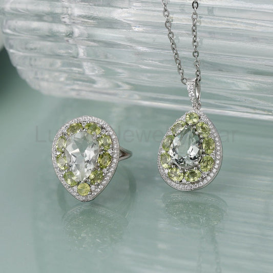 AquaLumine - Pear Cut Natural Green Amethyst Halo Necklace - image 2