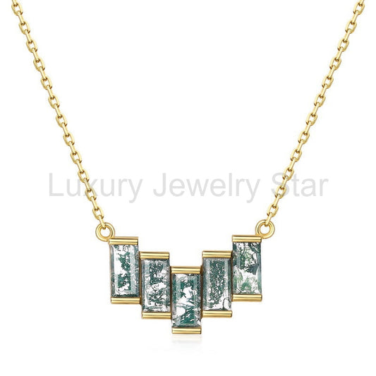 Baguette Cut Moss Agate Classic Pendant - 'Verna'