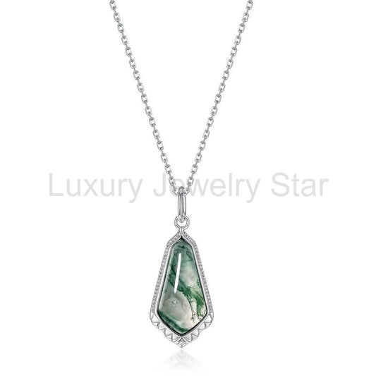 Coffin Cut Moss Agate Vintage Scalloped Necklace For Girlfriend - "Verdant Casket"