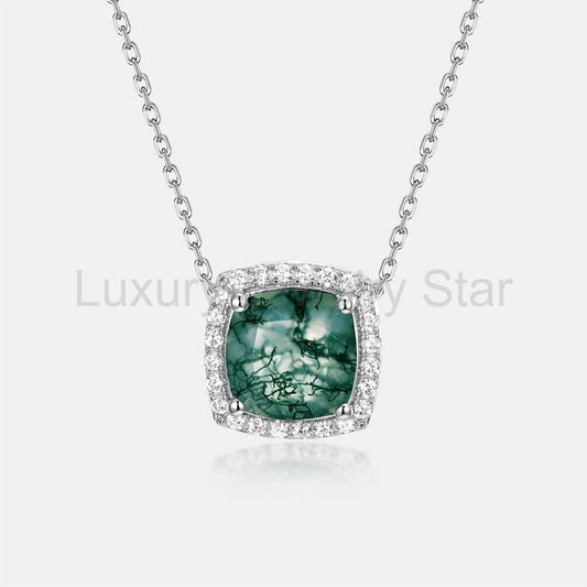 Cushion Cut Moss Agate Halo Pendant Necklace For Girlfriend - "Verdant Cushion"