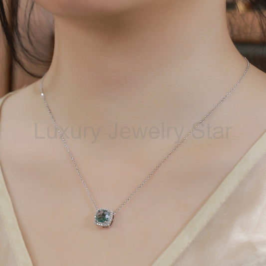 Cushion Cut Moss Agate Halo Pendant Necklace For Girlfriend - "Verdant Cushion" - image 2