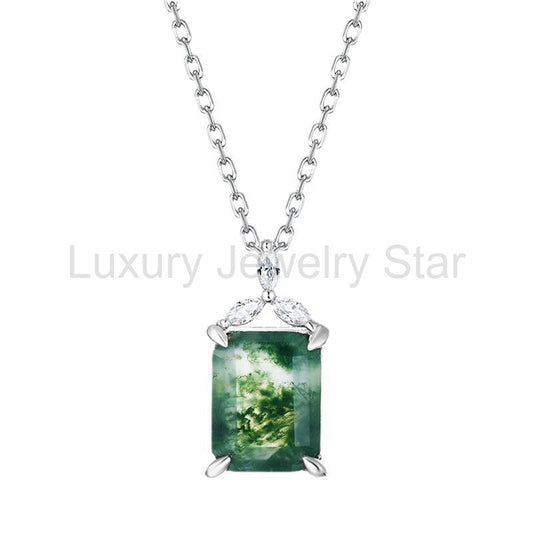 Emerald Cut Moss Agate Accent Pendant Necklace For Girlfriend - "Verdant Throne"
