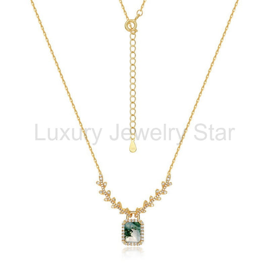 Emerald Cut Moss Agate Halo Pendant & Vine Necklace For Girlfriend - "Forest Locket"