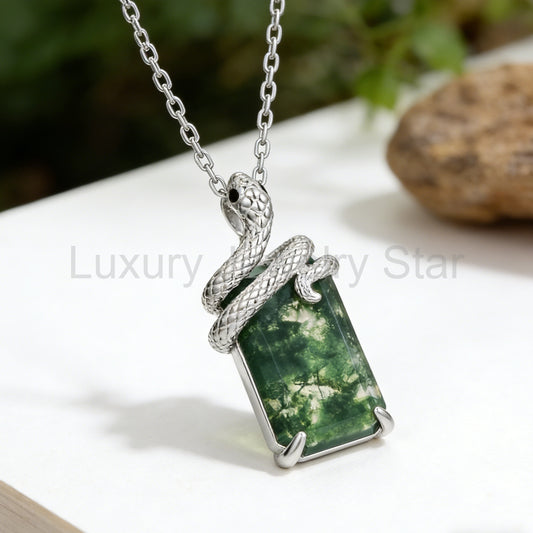 Emerald Cut Moss Agate Mystical Serpent Carved Nature Pendant Necklace - "Cloak"