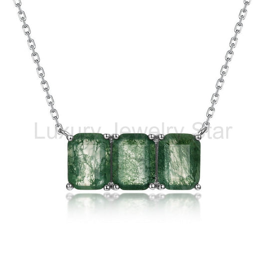 Emerald Cut Moss Agate Triple Stone Minimalist Necklace For Girlfriend - "Verdant Veil"