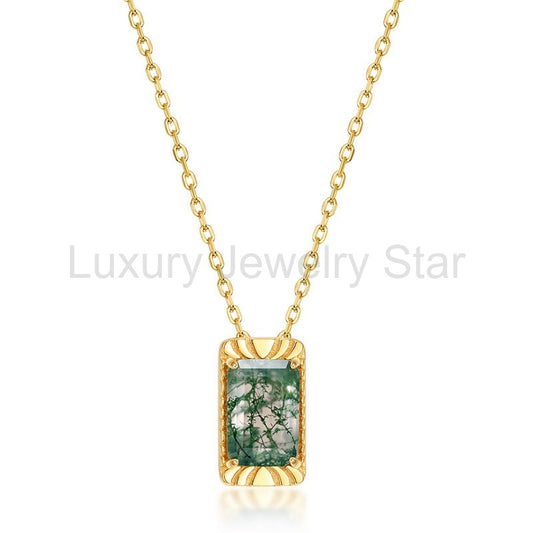 Emerald Cut Moss Agate Vintage Necklace - Lenora