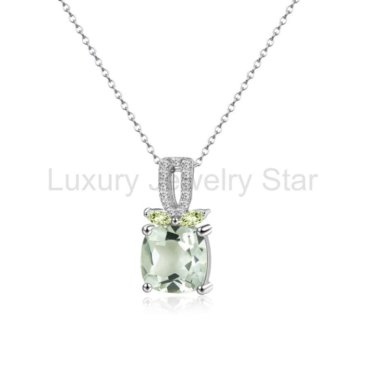 Faye - Cushion Cut Natural Green Amethyst Minimalist Classic Necklace