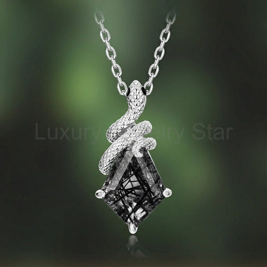 Kite Cut Black Rutilated Quartz Mystical Serpent Carved Nature Inspired Necklace