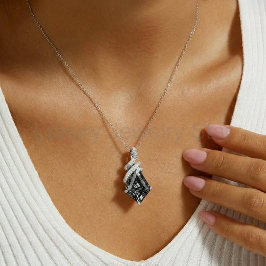 Kite Cut Black Rutilated Quartz Mystical Serpent Carved Nature Inspired Necklace - image 2